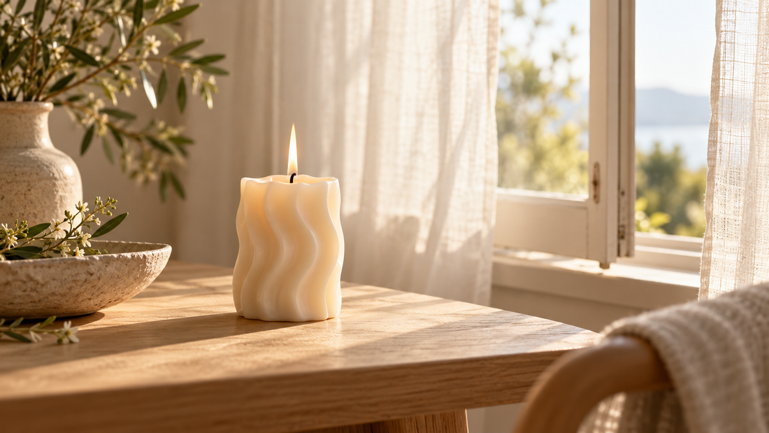 Lumânare din ceară de soia aprinsă pe o masă din lemn, lângă o fereastră deschisă – Luminessence