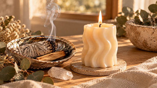 Salvie albă și Palo Santo în scoică Abalone, lângă o lumânare aprinsă – ritual de purificare a casei