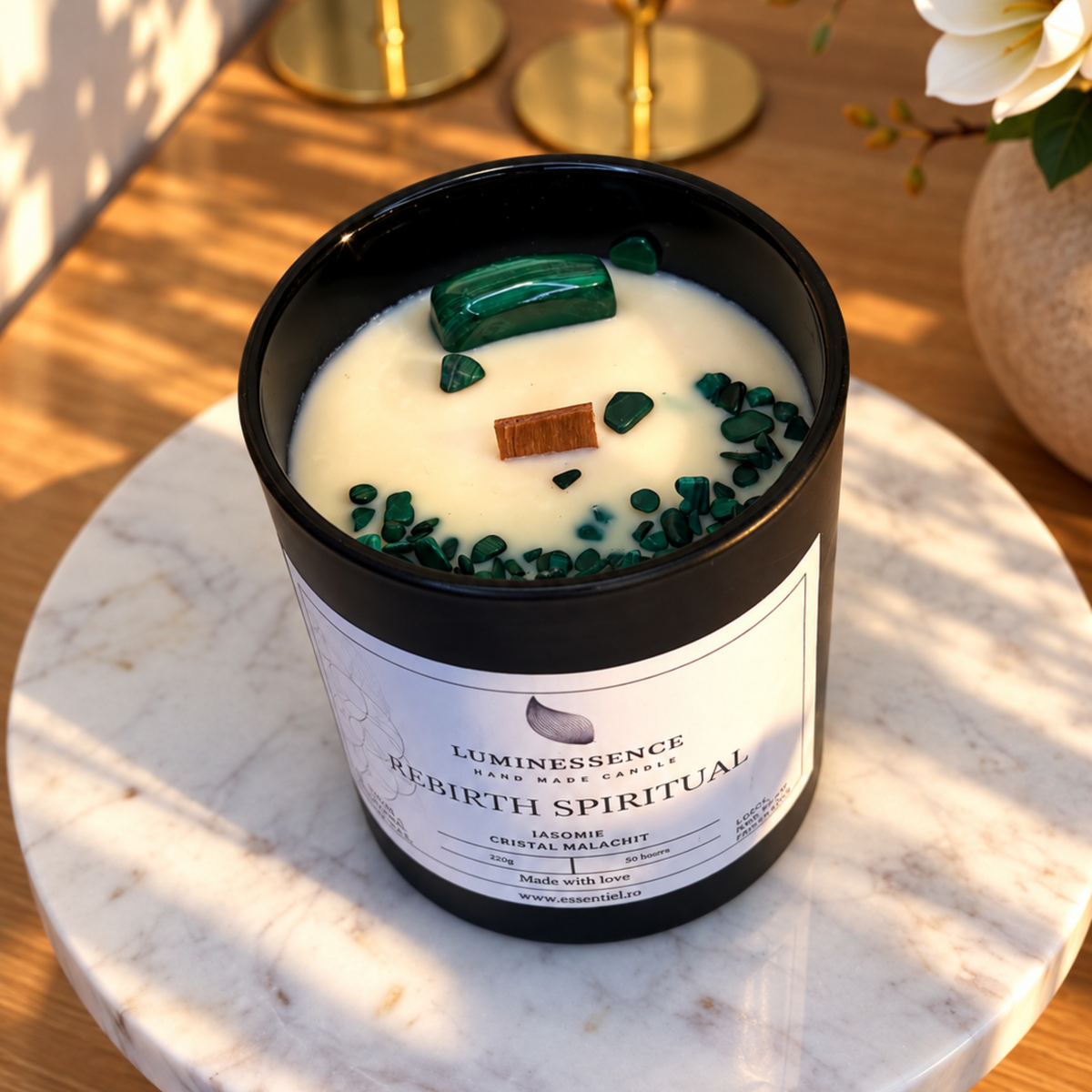 REBIRTH SPIRITUAL | Lumânare artizanală pentru renaștere și transformare cu Malachit · 220 g