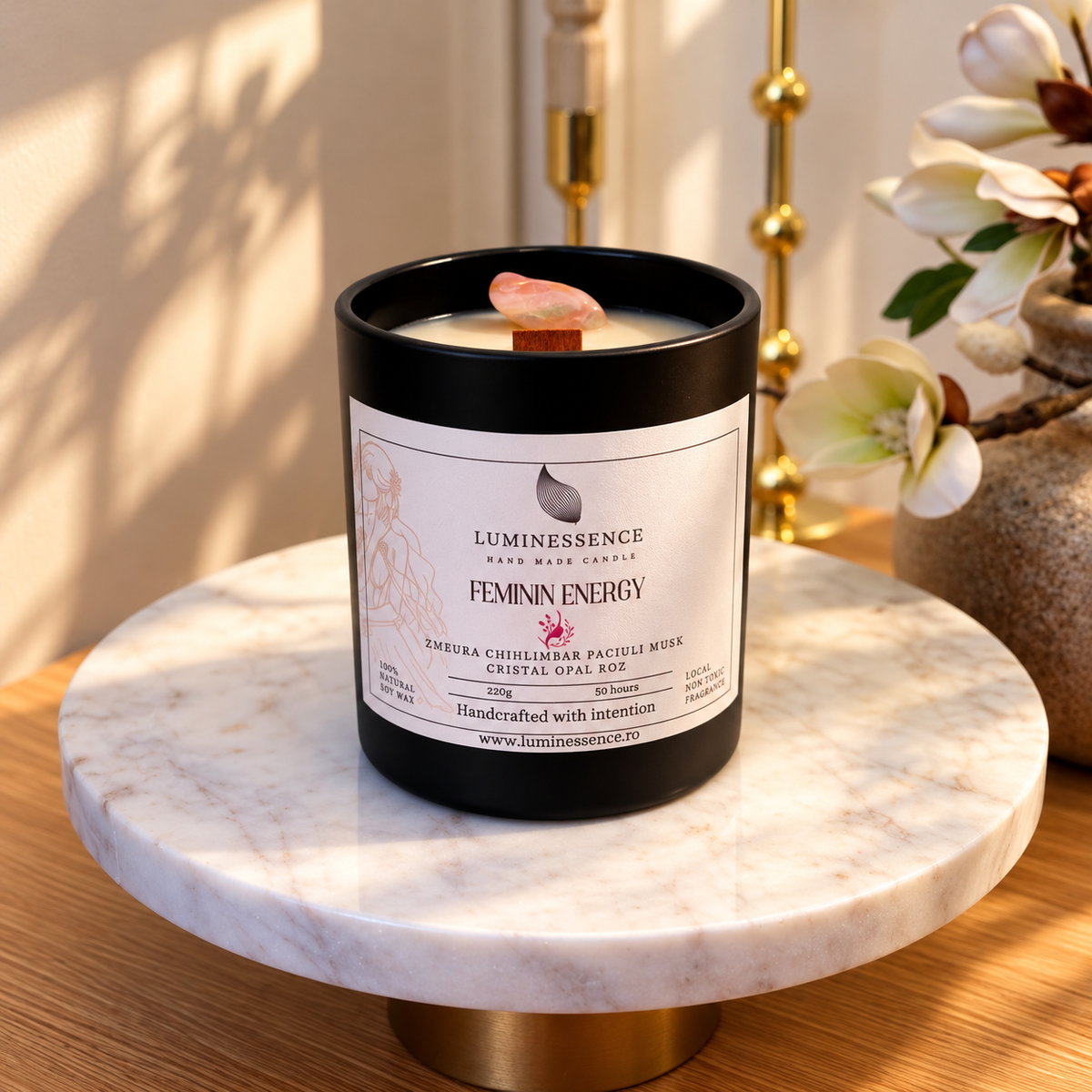 FEMININE ENERGY | Lumânare artizanală pentru energie feminină cu Opal Roz · 220 g