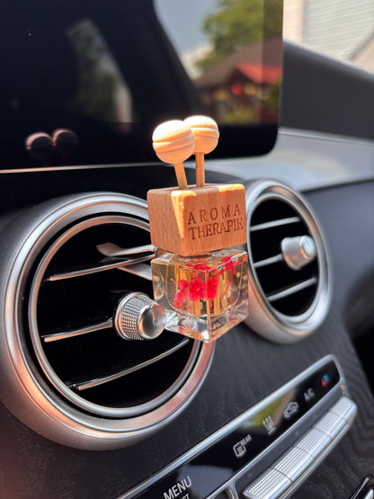 Odorizant Auto cu Flacon de Sticlă și Capac din Lemn – Difuzor Elegant pentru Ventilație, cu Flori Uscate