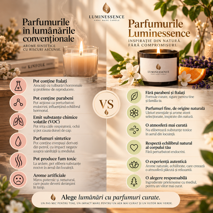 Comparație: parfumurile din lumânările convenționale vs parfumurile Luminessence fără parabeni și ftalați