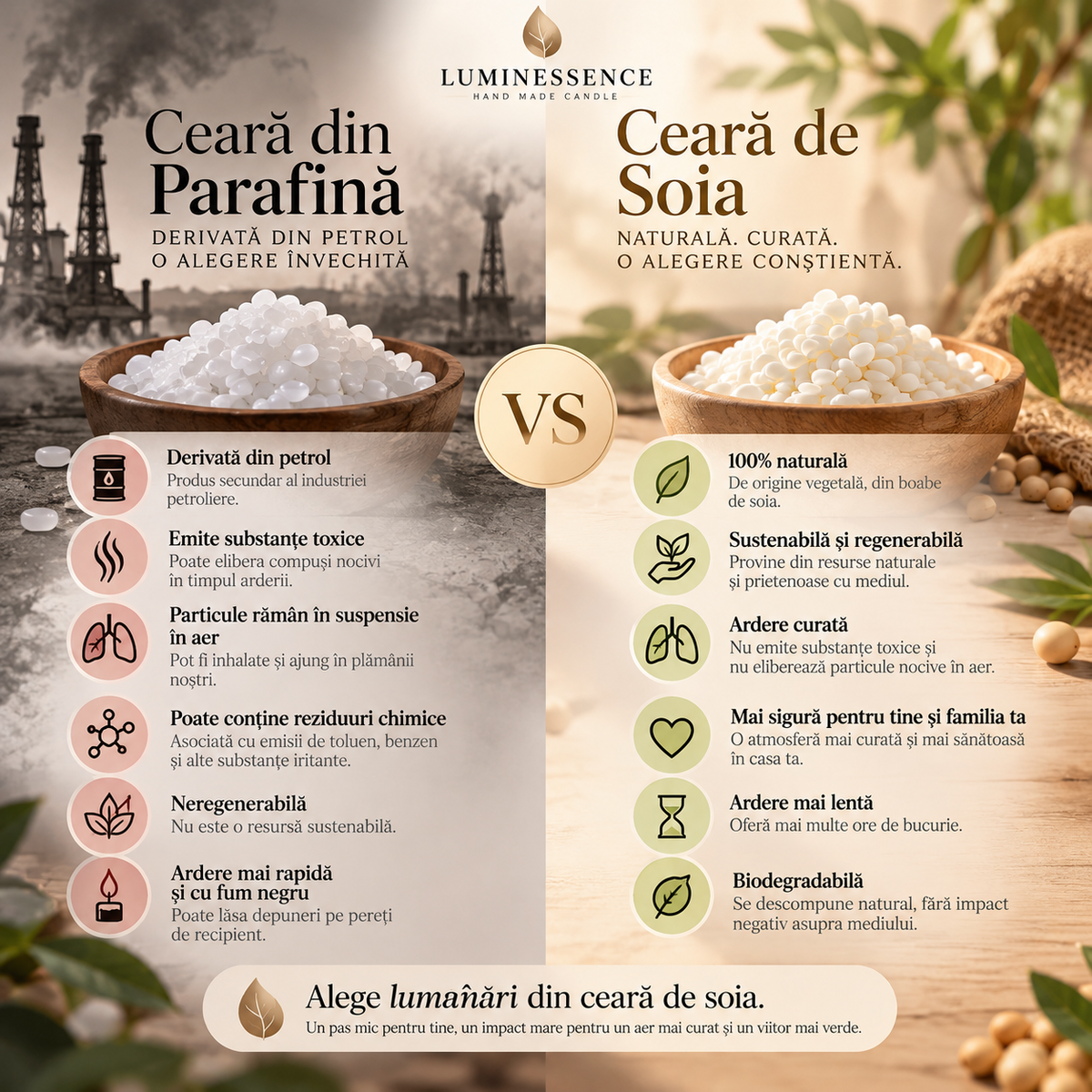 Comparație: ceară din parafină vs ceară de soia naturală – Luminessence
