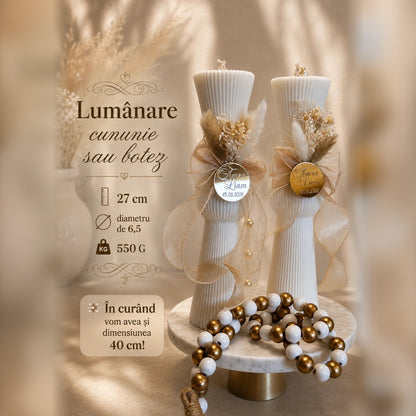 Lumânare de cununie și botez Versailles L din ceară de soia cu bănuț gravat – Luminessence
