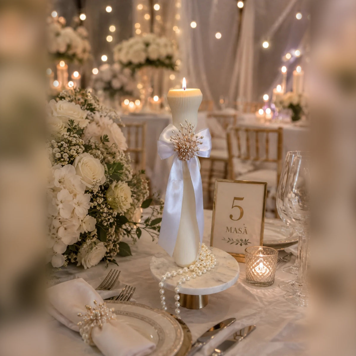 Lumânare de cununie și botez Versailles XL din ceară de soia cu bănuț gravat – Luminessence